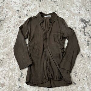Zara Brown Satin Silk Keyhole Long Sleeve Fitted Button Down Shirt Top Size M